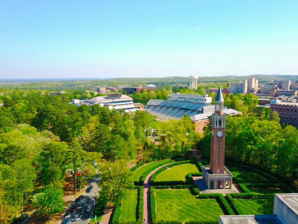 Aerial shot of UNC Campus Aerial shot at UNC of the campus bell tower and football stadium. Illinois stock pictures, royalty-free photos & images